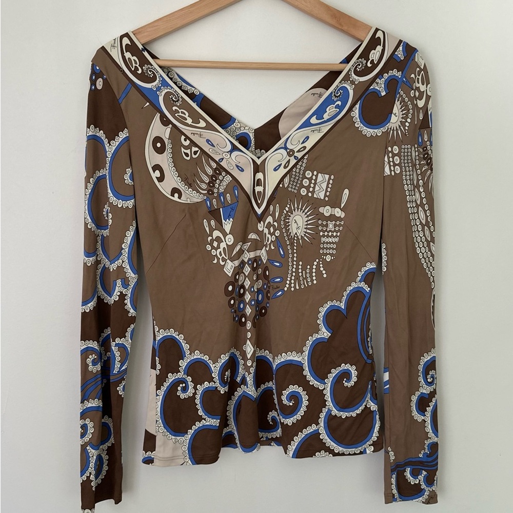 Emilio Pucci Brown and Blue Patterned Viscose Blouse - Size US 8